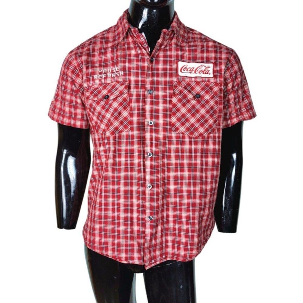 Vintage Coca-Cola Red Plaid Patches Embroidered Button-Down Men's Shirt Small
